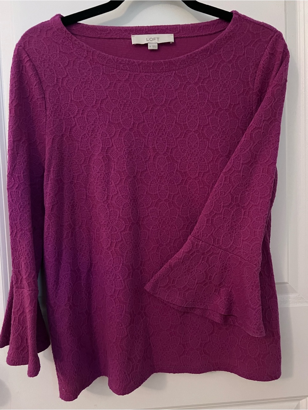 LOFT Fuchsia Textured Bell-Sleeve 3/4 Sleeve Top